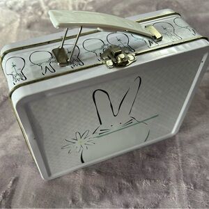 Vintage White Bunny Tin Lunchbox with Gold Trim and Green Accent
